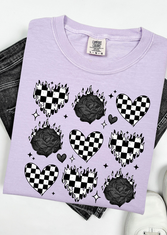 Burning Love: Checkerboard Hearts & Roses Comfort Colors T-Shirt Comfort Colors T-Shirt