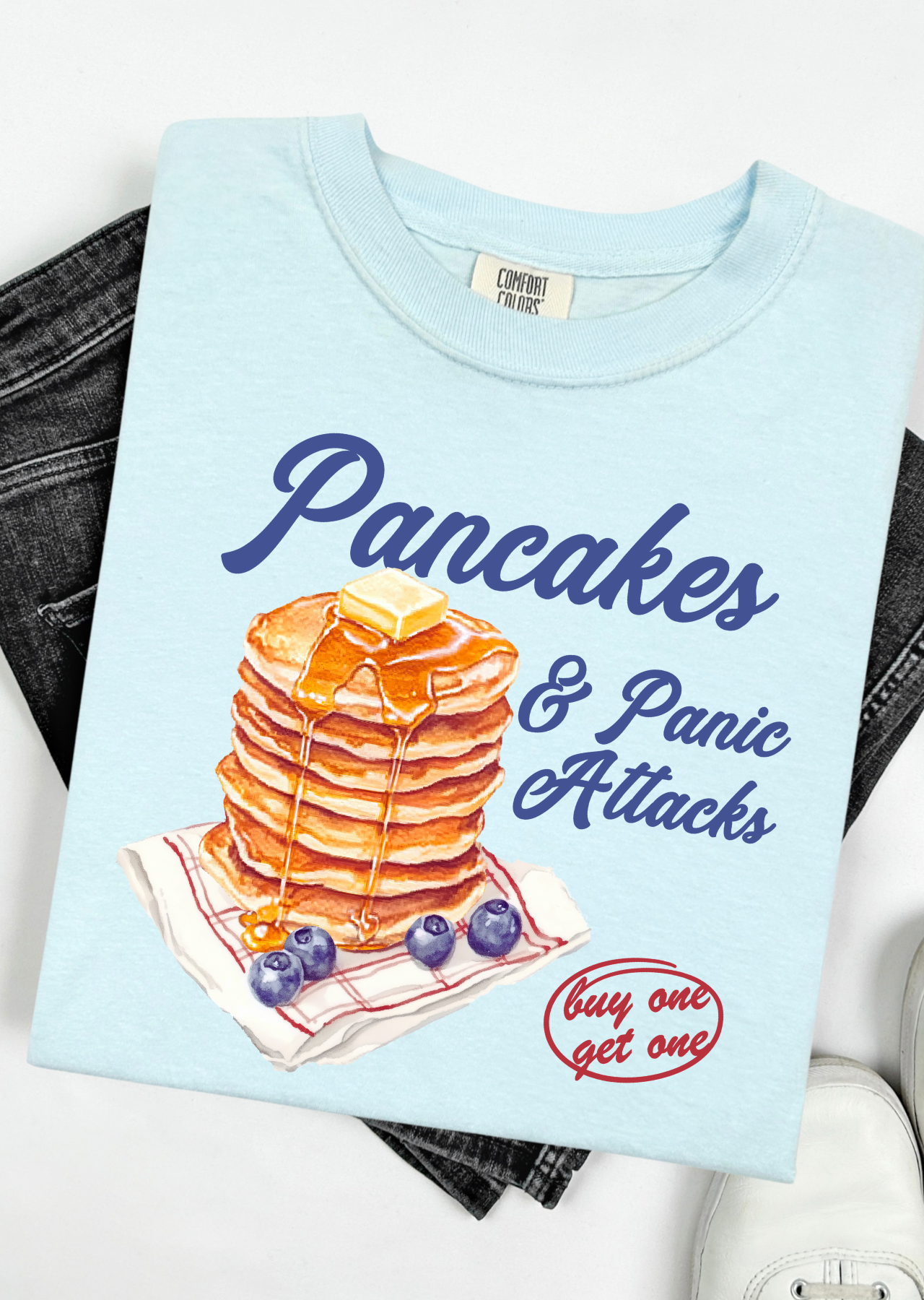 Pancakes & Panic Attacks – Relatable Breakfast Tee Comfort Colors T-Shirt
