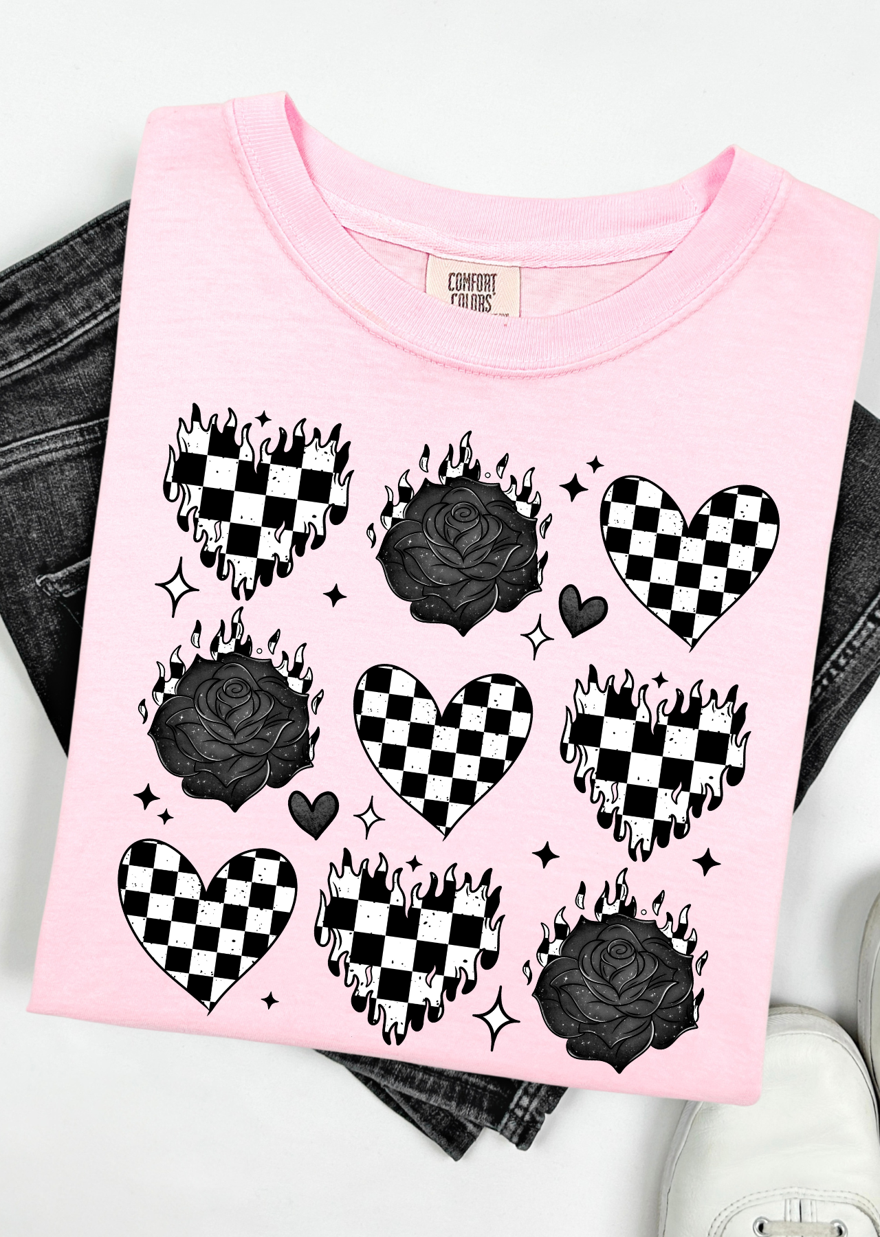 Burning Love: Checkerboard Hearts & Roses Comfort Colors T-Shirt Comfort Colors T-Shirt