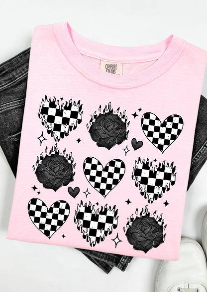 Burning Love: Checkerboard Hearts & Roses Comfort Colors T-Shirt Comfort Colors T-Shirt