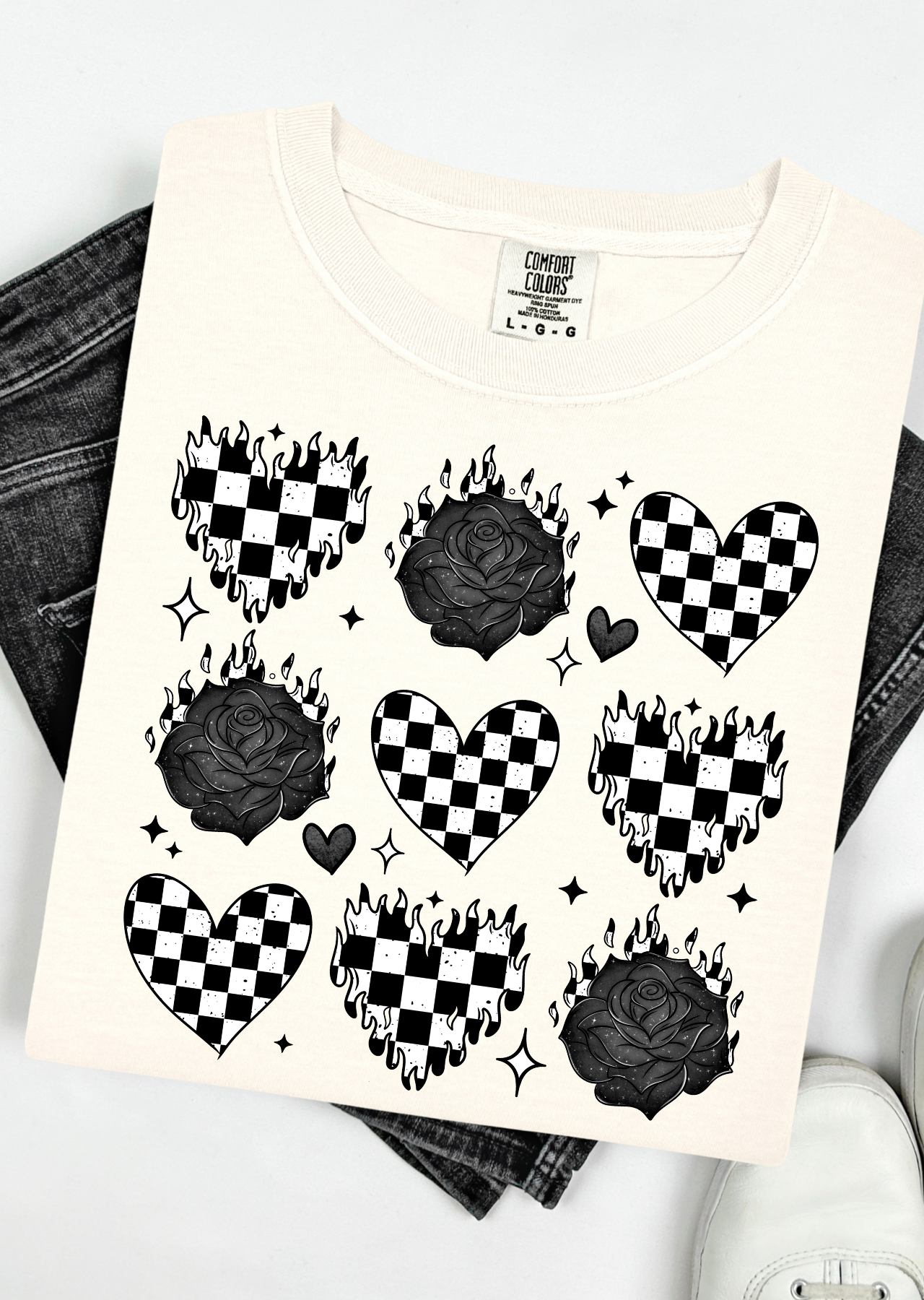 Burning Love: Checkerboard Hearts & Roses Comfort Colors T-Shirt Comfort Colors T-Shirt