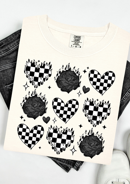 Burning Love: Checkerboard Hearts & Roses Comfort Colors T-Shirt Comfort Colors T-Shirt
